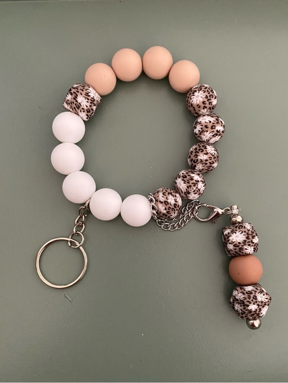 Beaded Key & Card Holder Bracelet - White, Beige & Leopard